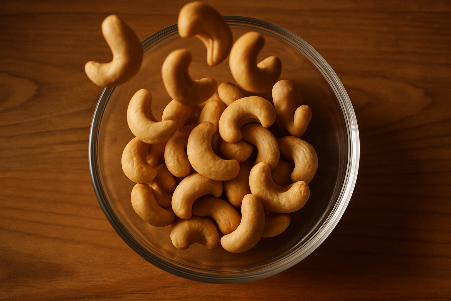 An upside view of a glass bowl of large sized cashews being dropped, situated on top of a wooden table with a soft lighting situation